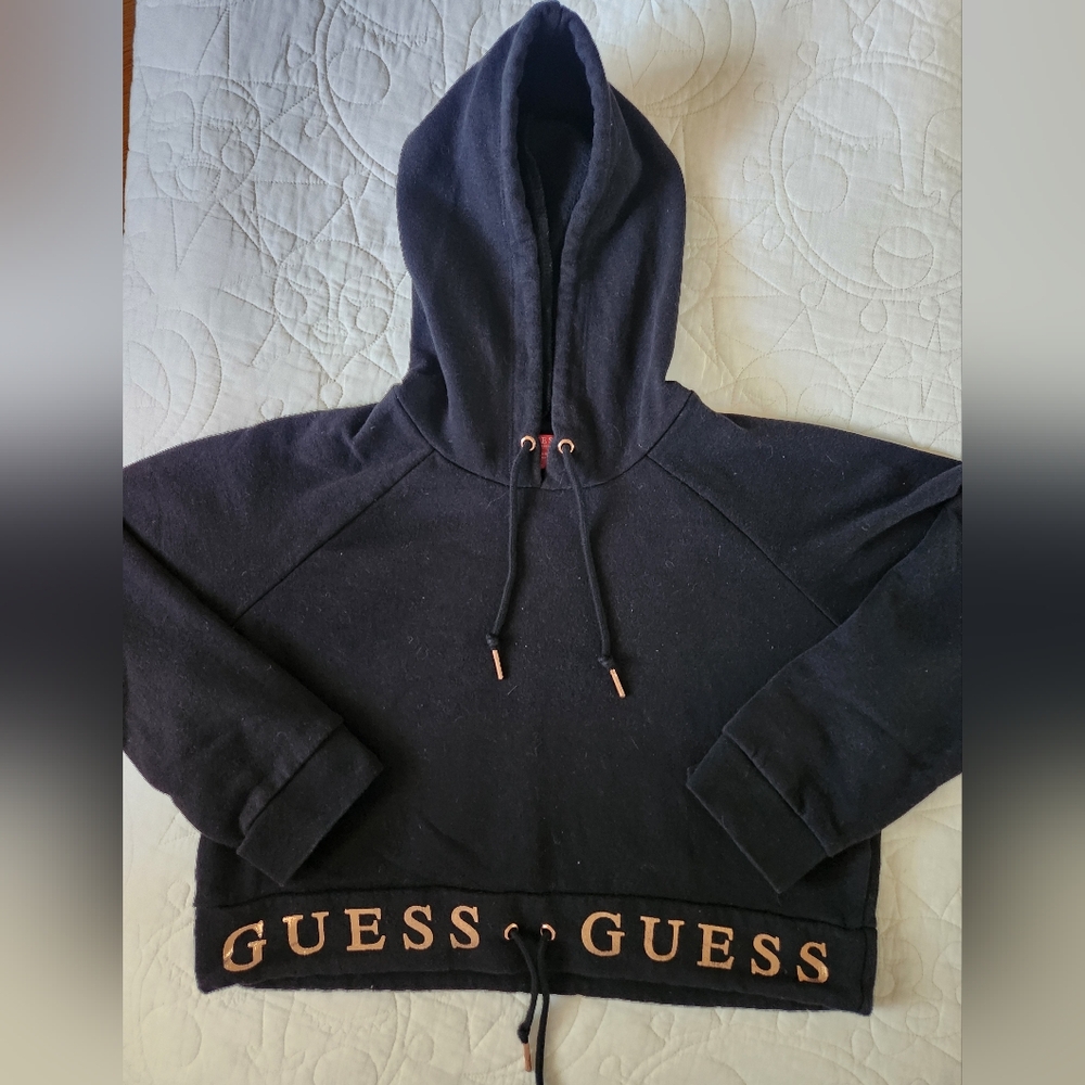 Guess Cropped Black Hoodie with Gold Accents